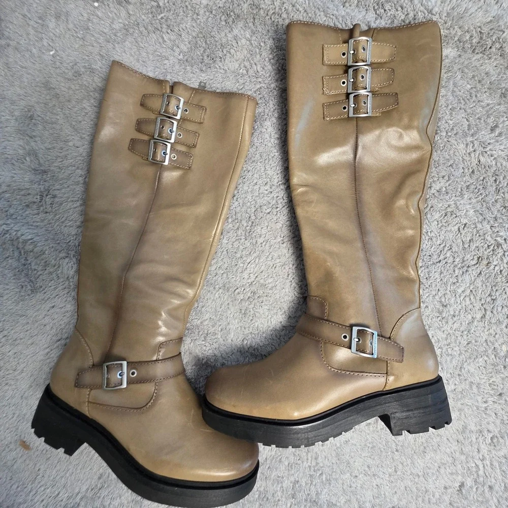 Lucky Brand Womens Riding Boots 7.5M Knee High Tan Leather Triple Buckle Low NEW